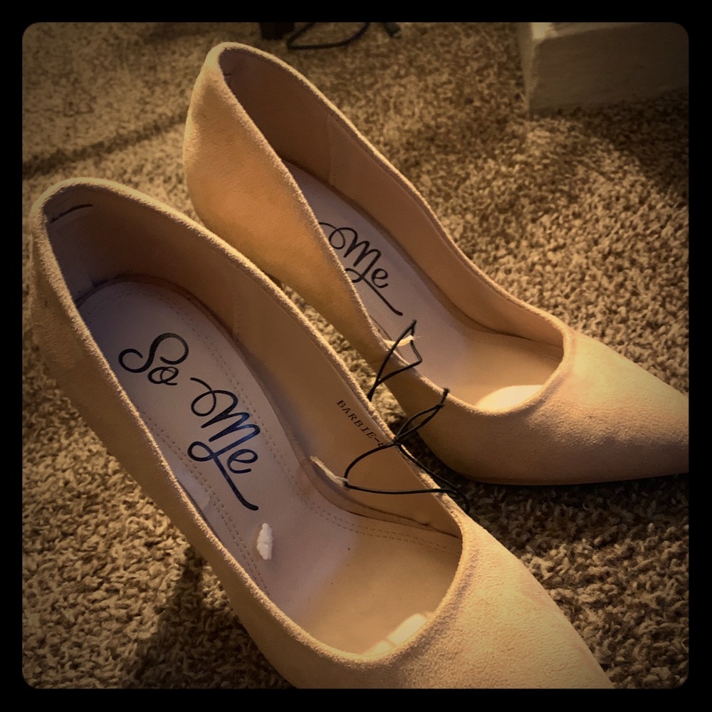Nude suede close-toed stiletto heels